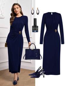 Ellevyn Váy dài dệt kim xếp ly trang trí kim loại không tay thanh lịch cho nữ - Màu xanh hải quân - Xem 1