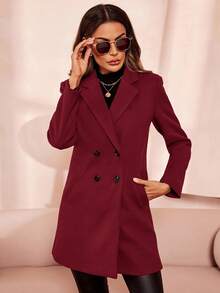 SHEIN Clasi 女式纯色双排扣休闲长袖大衣，秋冬 - 紅色 - 查看 5