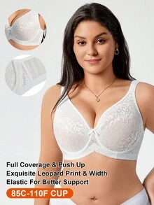 SHEIN 1pc Plus Size Women Leopard Lace Underwire Bra - White - View 1