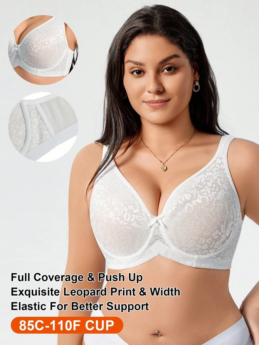 SHEIN 1pc Plus Size Women Leopard Lace Underwire Bra - White - View 1