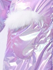 SHEIN Girls' Long Down Jacket With Faux Fur Collar, Shiny Finish, Everyday Wear, Winter Fall - Purple - View 4