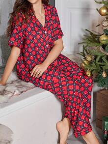 LuxeNights Conjunto de pijama casual navideño a cuadros para mujer de talla grande - Rojo - Ver 1
