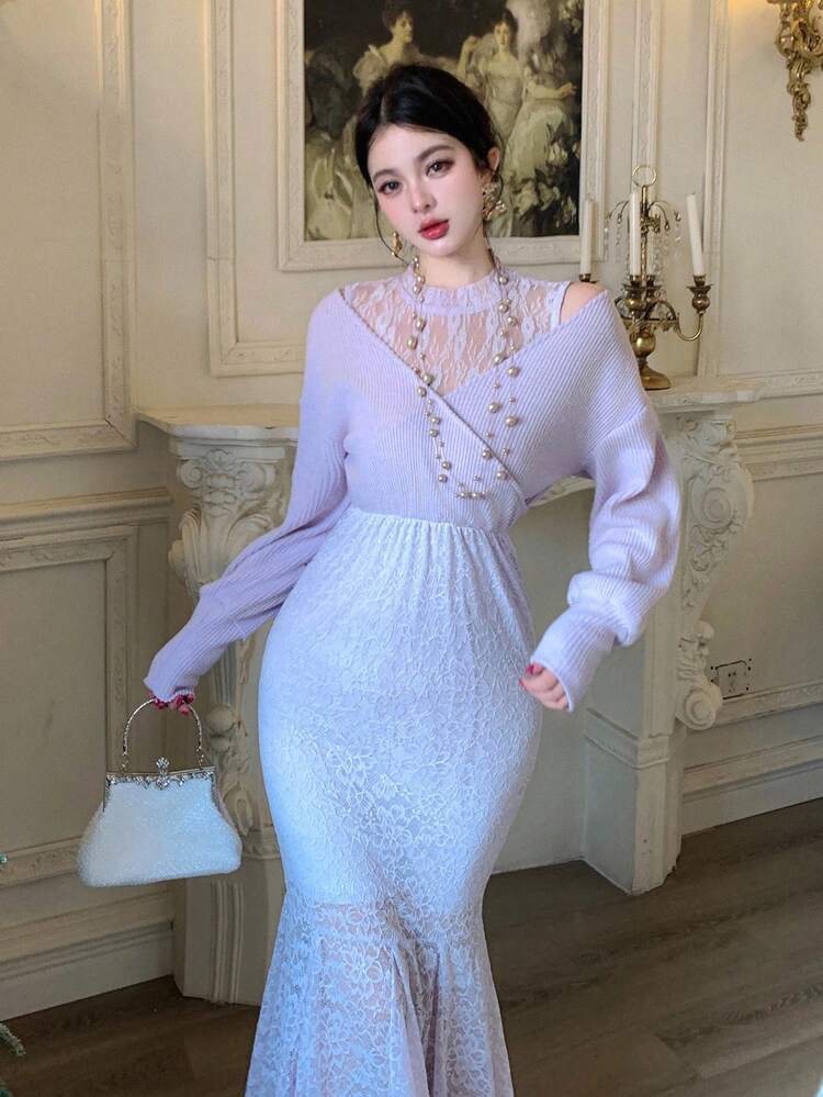 Women's Elegant Commuter Lace Patchwork Fishtail Dress Prom Dress