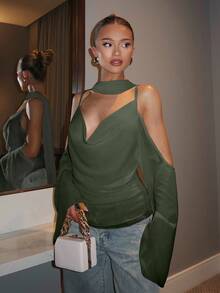 Relinas 2025 elegante einfarbige Chiffon-Bluse mit Träger und ohne Ärmel