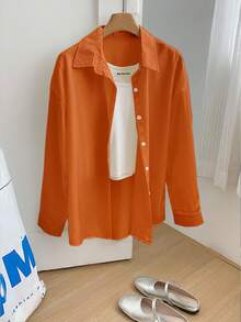 Resyla Women's Casual Loose Solid Color Button-Up Long Sleeve Shirt - Orange - View 5