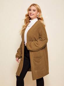 SHEIN LUNE Plus Size Solid Color Front Open Pocket Long Sleeve Jacket, Autumn/Winter - Coffee Brown - View 3