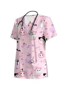 PopScrub Bluzka damska z nadrukiem w serek i matowym wykończeniem, z 2 kieszeniami – wygodny mundur roboczy