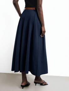 Maija 2025冬季新款藏蓝色褶裥喇叭裙，侧边口袋设计，配可拆卸PU皮金属腰带，时尚优雅，适合通勤穿着。 - 藏蓝色 - 查看 4