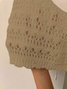 SHEIN LUNE 女式纯色镂空前系带无袖宽松针织上衣 - 卡其色 - 查看 7