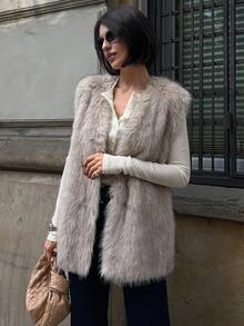 DAZY Women's Autumn Elegant Front Open Faux Fur Vest Jacket