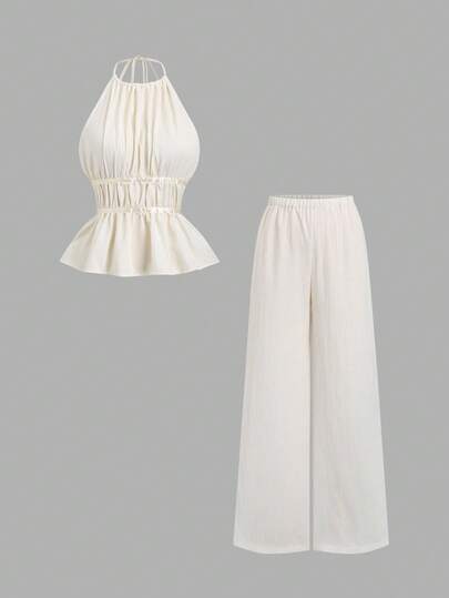 Sweetra French Style Loose Solid Color Waist Tie Halter Top, Flowy Relaxed Wide Leg Pants, Fashionable 2-Piece Set For Women