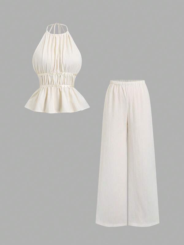 Sweetra French Style Loose Solid Color Waist Tie Halter Top, Flowy Relaxed Wide Leg Pants, Fashionable 2-Piece Set For Women