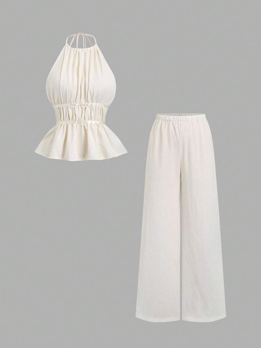 Sweetra French Style Loose Solid Color Waist Tie Halter Top, Flowy Relaxed Wide Leg Pants, Fashionable 2-Piece Set For Women