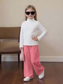 SHEIN Áo thun tay dài vải dệt kim cổ cao đơn giản cho bé gái, thích hợp cho mùa thu đông - trắng - Xem 7