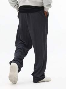 Pantalones de chándal de pierna ancha con textura y cordón SUMWON, ropa de estar en casa informal y holgada para otoño e invierno, con cintura elástica y plisados, cómodos y lisos - Gris Oscuro - Ver 3
