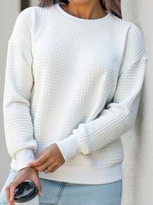 EMERY ROSE Back To School White Waffle Knit Sweatshirt For Plus Size Women,Autumn Basic Smart Casual Everyday Loose Fit Crew Neck Long Sleeve Pullover Top - Multicolor - View 3