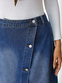 EMERY ROSE 女式休闲水洗前扣牛仔迷你裙，秋季 - 中等水洗藍 - 查看 5