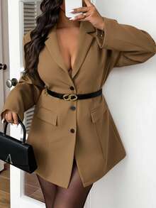 SHEIN Frenchy Plus Size Solid Color Front Button Belted Elegant Long Sleeve Blazer Jacket,Winter - Khaki - View 2