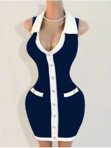 Mistrie 黑白收腰女式毛衣裙，撞色领口迷你针织毛衣裙，休闲性感春夏女装，满足基本旅行需求 - 寶藍色 - 查看 4