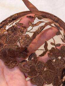 2pcs Sky Blue Embroidered Lace-Up Women's Lingerie Set Lace Lingerie Set Tie Side Panty Brown Lingerie Brown Lace Bra Sheer Lingerie Set Lace Bra Set Garter Belt Lingerie Set Bras For Women 3 Piece Lingerie Set - Coffee Brown - View 4