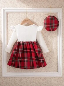 Souflis Souflis Vestido Infantil Francês Retrô Novo Elegante Clássico Xadrez Vermelho com Branco de Manga Longa em Tricô 2 em 1, Sofisticado e Fofo para Passeios, Reuniões, Festas e Outras Ocasiões - Multicolorido - Visão 2