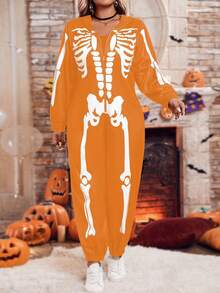 SHEIN LUNE Plus Size Zipper Bone Print Hooded Long Sleeve Jumpsuit - Orange - View 5