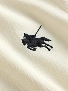 SHEIN 少女白色刺绣衬衫，修身长袖衬衫，返校衬衫，女童白衬衫，马匹刺绣白衬衫 - 杏色 - 查看 3