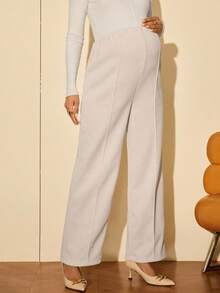 MaterniWear 孕妇纯色高腰直筒休闲百搭纹理面料裤子 - 米色 - 查看 6