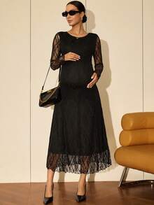 MaterniWear 孕妇圆领撞色蕾丝长袖修身优雅连衣裙 - 黑色 - 查看 7