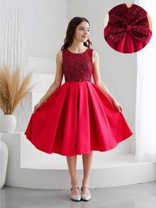 Sparklyn 深红色儿童亮片连衣裙，高档儿童缎面拼接连衣裙，漂亮闪亮的儿童服装。 - 酒紅色 - 查看 6