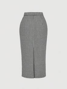 SHEIN MOD Bộ vest và chân váy họa tiết răng sói đen trắng cài hai hàng khuy mùa thu dành cho nữ - Đen và trắng - Xem 6