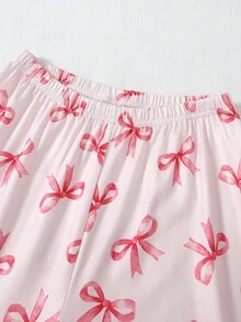 2pcs Girls Cute Bow Print Cardigan And Pants Comfortable Pajama Set - Multicolor - View 5