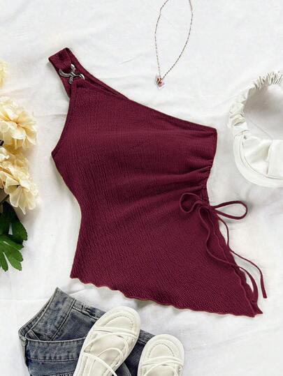 Soleia 女士夏季度假米色针织提花纹理单肩修身下摆开衩抽绳褶饰吊带背心，适合派对、约会、情人节、复活节、狂欢节、下午茶、海滩、游轮、城市度假