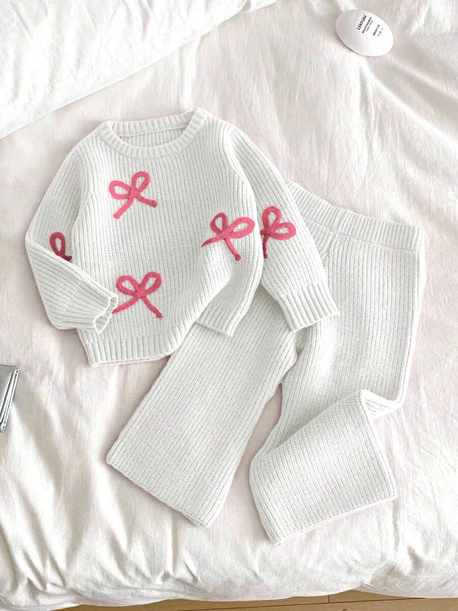 SHEIN Vintaside Kids 全新时尚百搭可爱休闲蝴蝶结针织毛衣套装,适合女婴 - 白色 - 查看 1