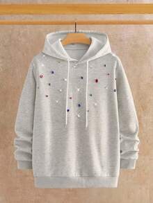 Manfinity VCAY Men's Drawstring Hooded Sweatshirt With Thermal Lining And Rhinestone Decor, Casual For Autumn/Winter - Light Grey - View 1