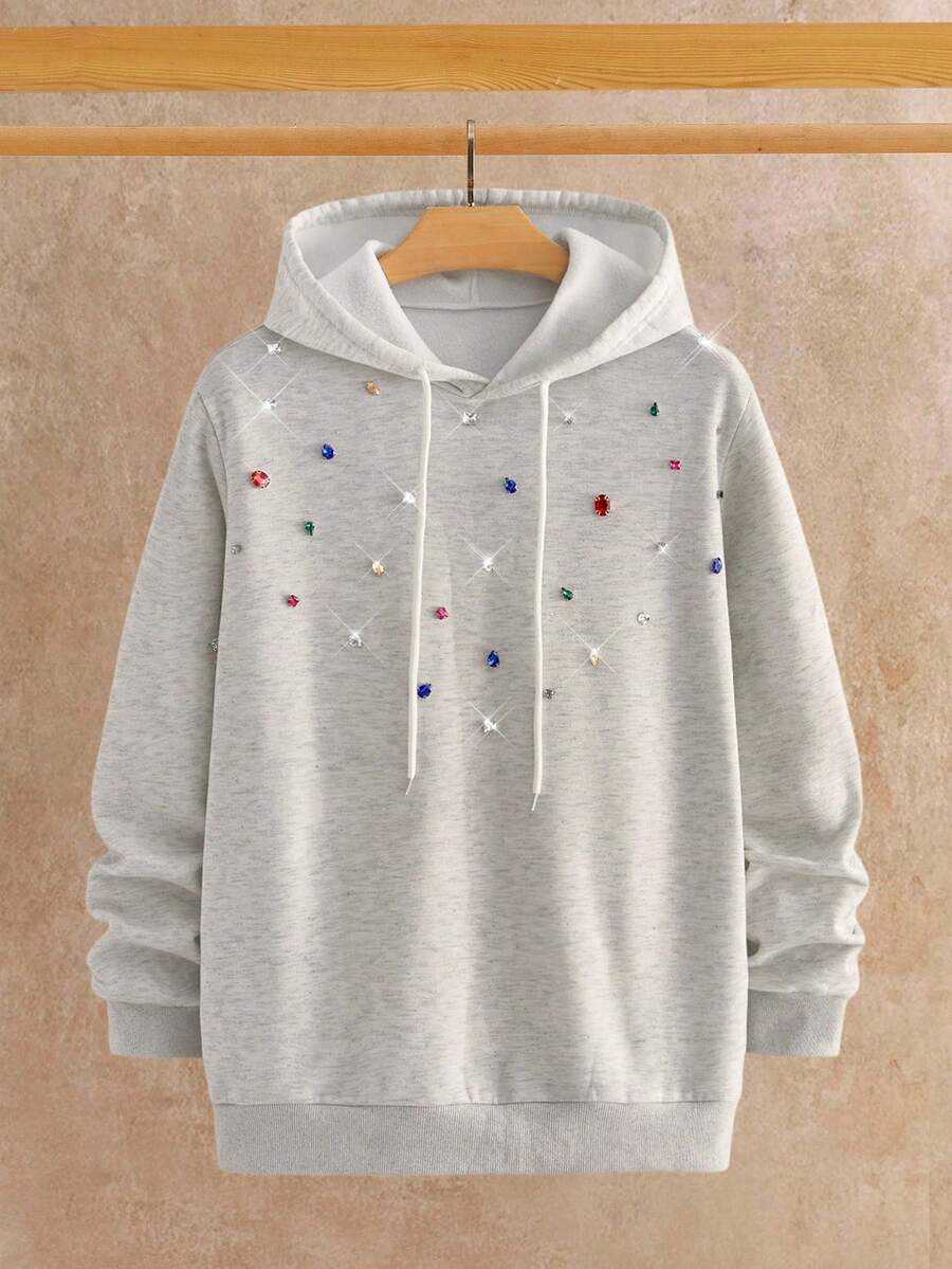 Manfinity VCAY Men's Drawstring Hooded Sweatshirt With Thermal Lining And Rhinestone Decor, Casual For Autumn/Winter - Light Grey - View 1