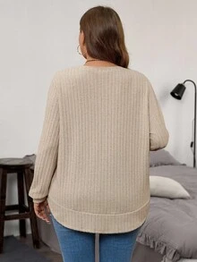 EMERY ROSE Plus Size Solid Color Crew Neck Ribbed Casual Long Sleeve T-Shirt Plus Size Long Sleeve Top Tops For Women Plus Plus Size Solid Color Ribbed Knit T Shirt Plus Size Casual Tops Plus Size Sweater - Khaki - View 2