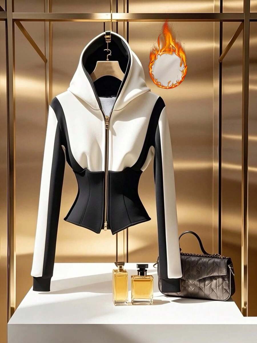 SHEIN Clasi Chaqueta de moda con capucha, cremallera, puntada de espina de pescado y contraste de color para mujer de talla grande, ropa de otoño e invierno para mujeres - Blanco y Negro - Ver 1
