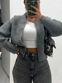 INAWLY 女士休闲纯色短款针织开衫，春秋装，长袖上衣