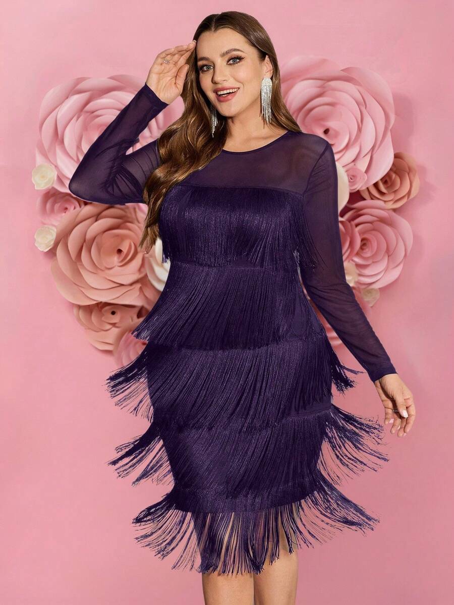 SHEIN Clasi 秋冬大码飘逸层叠流苏网眼拼布连衣裙 - 紫色 - 查看 1