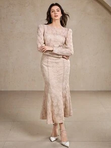 DAZY Robe mi-longue élégante à col rond en maille florale, manches bouffantes et ourlet en queue de poisson pour femmes