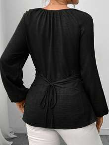 Elenzga 女式串珠裹身式束腰衬衫，秋冬 - 黑色 - 查看 2