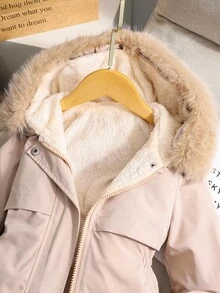 Sparklyn 年轻女孩时尚厚实保暖内衬优雅简约时尚蓬松领长款户外派对外套，卡其色