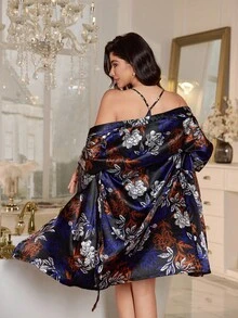 LuxeNights 女士印花缎面吊带睡裙睡袍套装，秋冬服装 - 黑色 - 查看 2