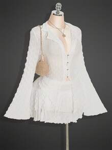 SHEIN ICON Áo xuyên thấu viền bất đối xứng PLUS (Không có áo ngực) Cỡ lớn, Bộ váy hai lớp hai mảnh, Thích hợp cho mùa thu - trắng - Xem 11