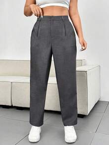 Flirla 大码女式休闲深灰色修身简约风格办公裤 - 深灰色 - 查看 1