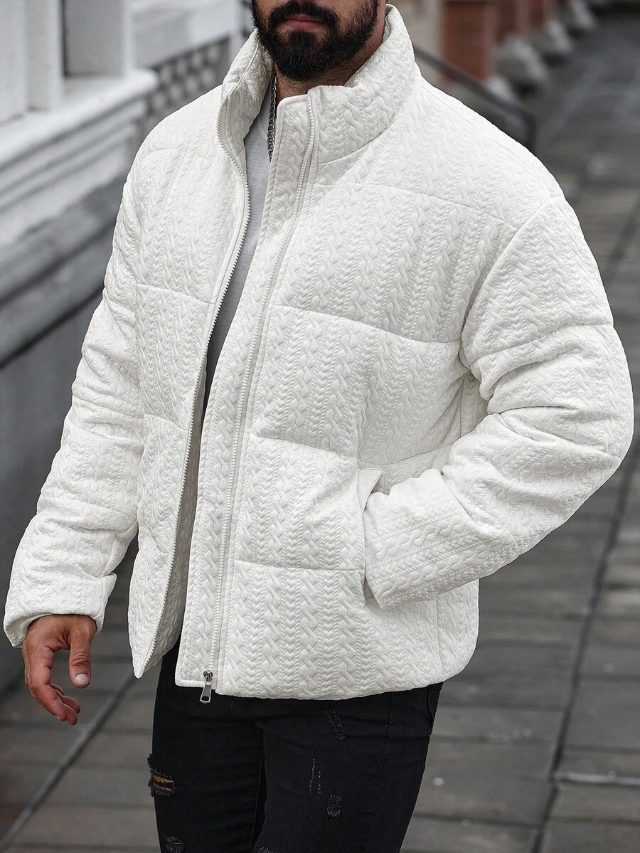Manfinity Homme Loose Fit Zip Up Textured Padded Coat For Men, Fall/Winter - White - View 1
