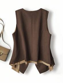 Franclia 大码女式法式休闲无袖V领夹克，夏季 - 咖啡棕 - 查看 2