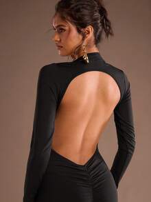 SHEIN Glamour 性感深 V 领褶饰露背针织长袖迷你连衣裙，女士秋冬/返校/郊游/裹身裙/正式/浪漫连衣裙 - 黑色 - 查看 3