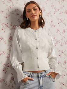 Enchnt Suéteres de mujer casuales, de moda, versátiles y sencillos de manga larga con botones - Blanco - Ver 1
